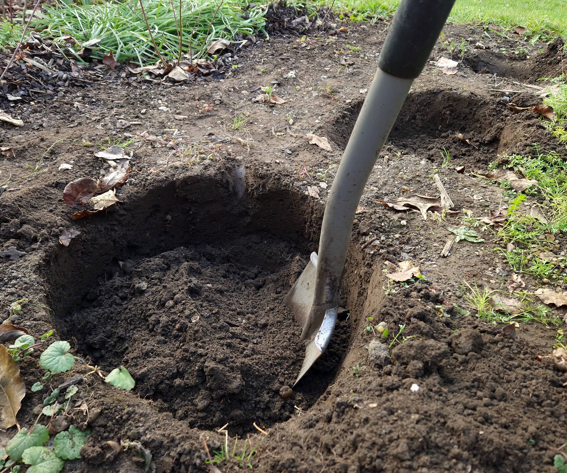 A shovel in a hole in the ground