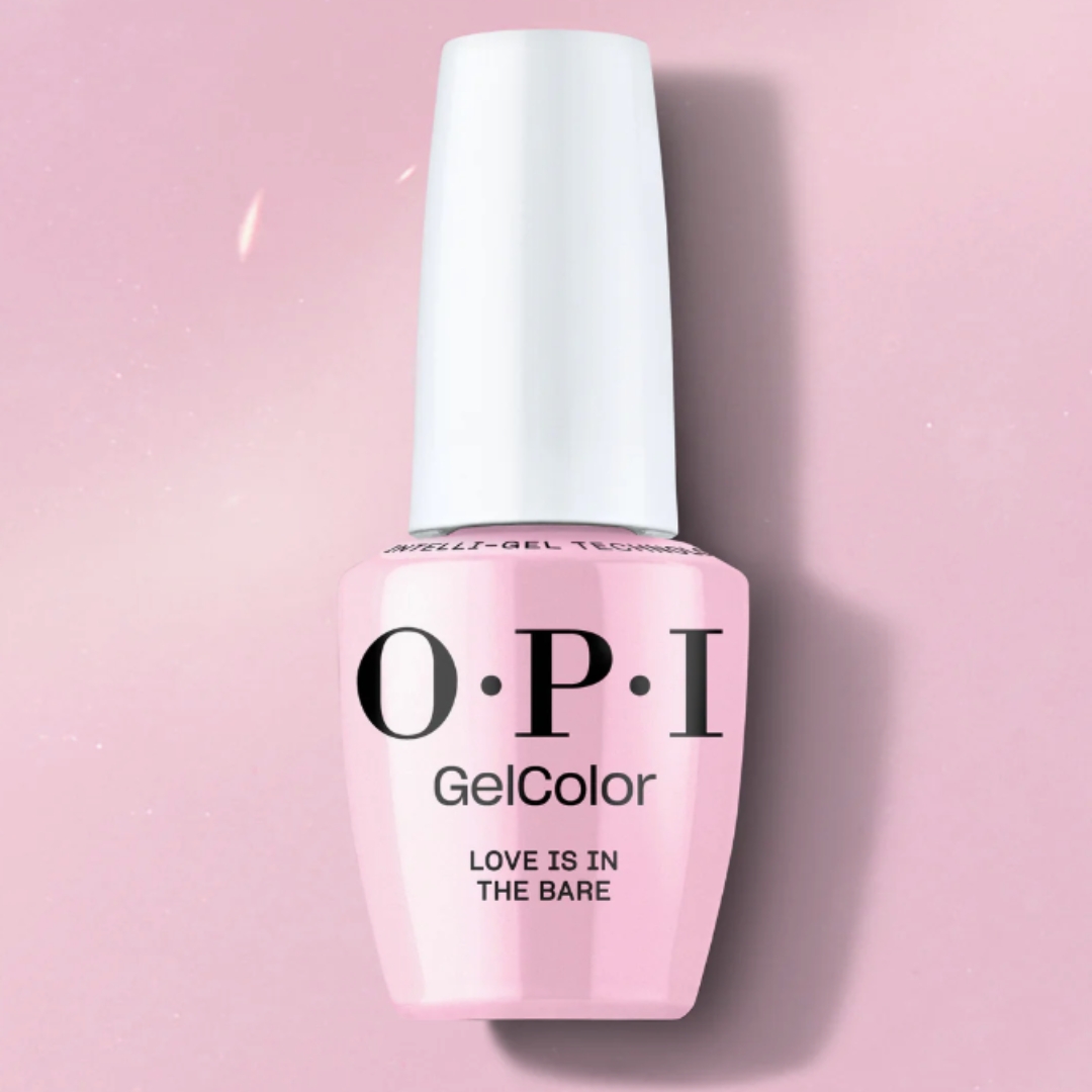 A product shot of the OPI Love is in the Bare gel polish (a sheer pink colour), on a pink background