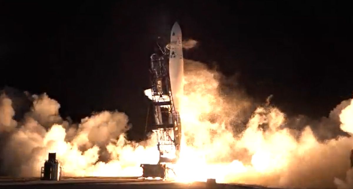 Astra&#039;s Launch Vehicle 0007 (LV0007) lifts off on a test flight from the Pacific Spaceport Complex in Alaska on Nov. 20, 2021. The rocket reached orbit, a first for Astra.