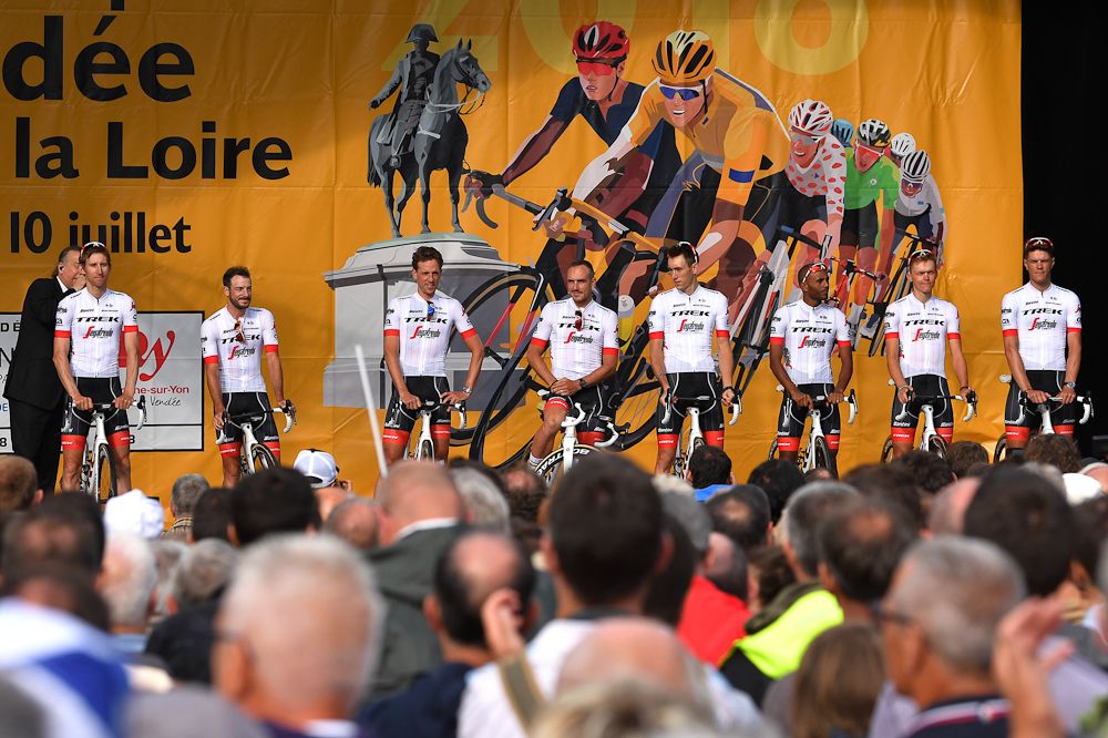 Trek-Segafredo riders on stage at the 2018 Tour de France team presentation