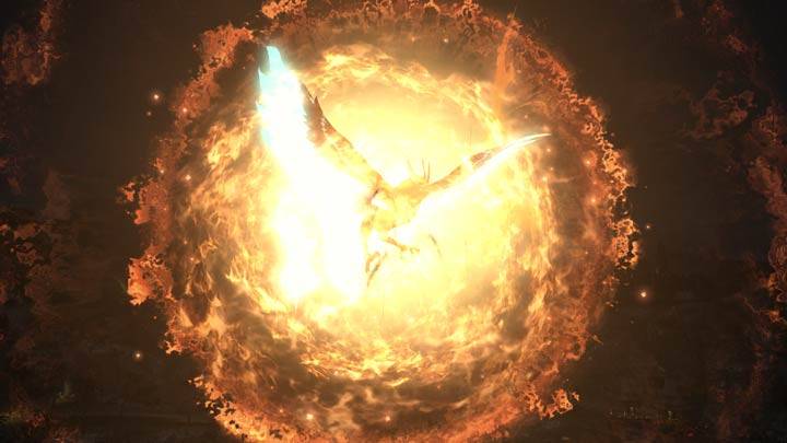 Ein Bild des kommenden Phönix-Reittiers aus der Spezialaktion von Final Fantasy 14, das es in einem Feuerball explodieren lässt.
