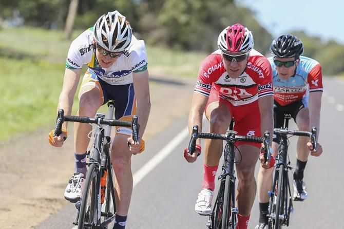 Jack Haig (Huon-Genesys) leads the break with Floris Goesinnen (Drapac) and Jason Spencer (Charter Mason).