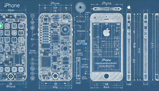  blueprint-style images of the iPhone, showing detailed front and back views with measurements and labeled components. 
