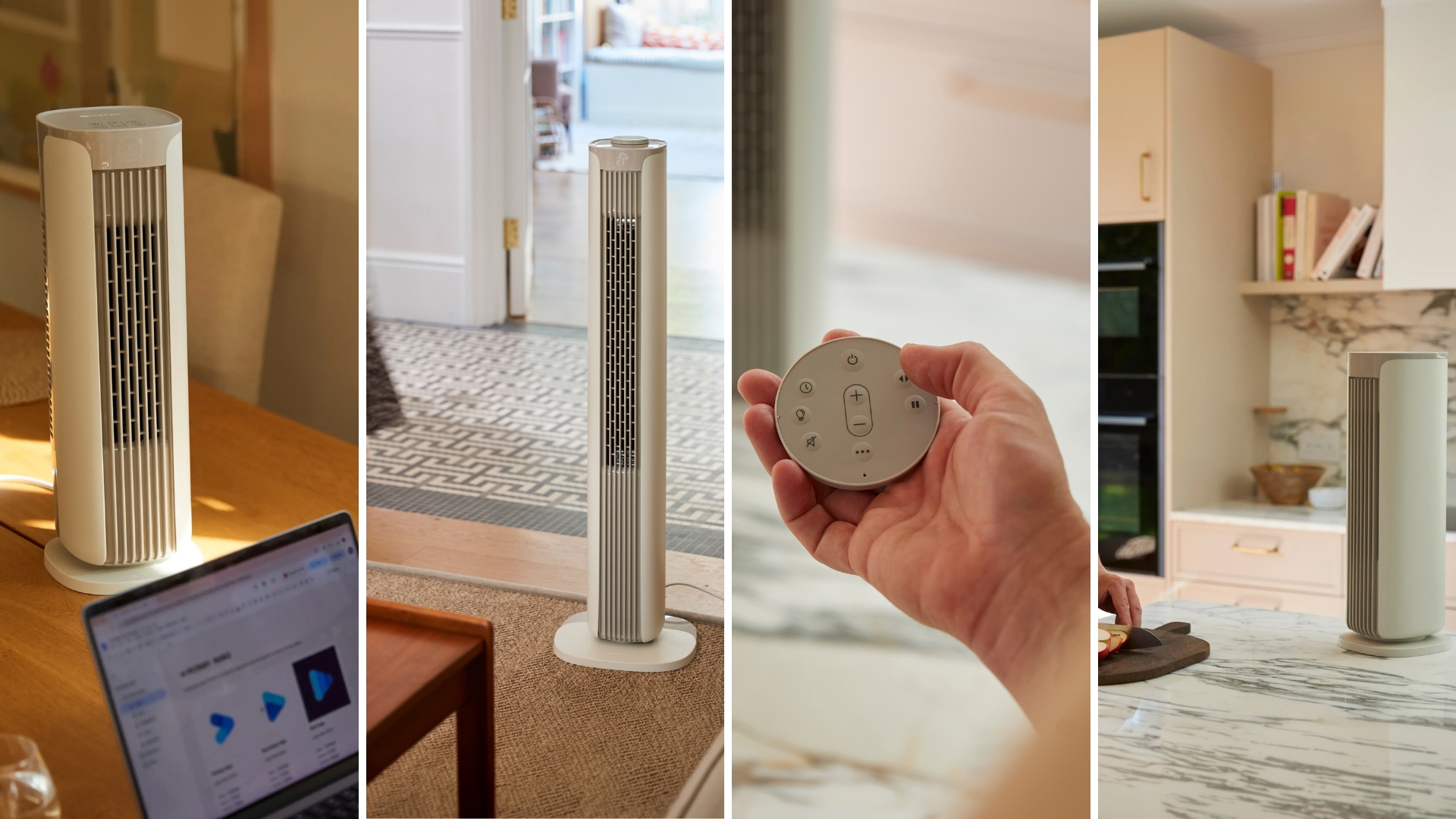 Four images of the Meaco Sefte Tower Fan on the desk, on the floor, on the counter, and the remote controller
