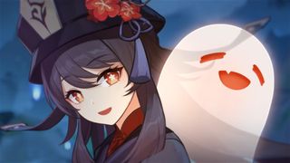 Genshin Impact screenshot of Hu Tao with a light red ghost