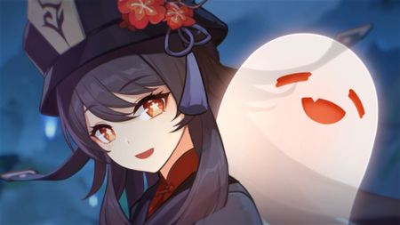 Genshin Impact screenshot of Hu Tao with a light red ghost