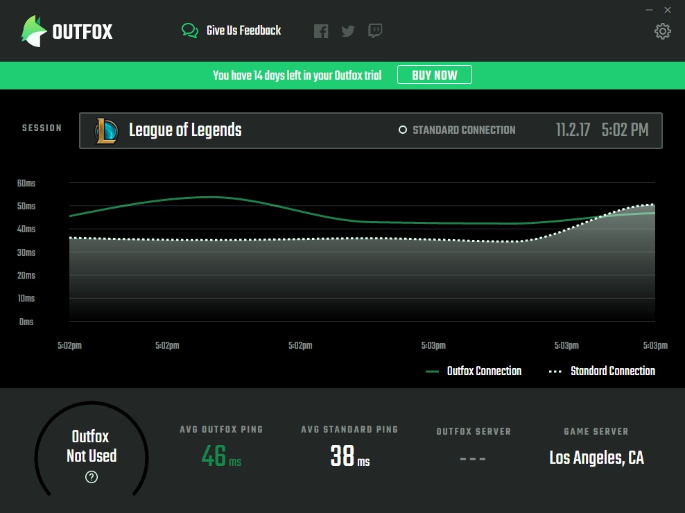 Screenshot of the Outfox software with League of Legends showing no benefit of the "Outfox connection” on this game from our location when tested. 