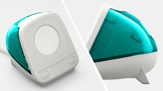 Two photos of the Spigen Apple Watch Classic C1 Charger Stand on a grey background