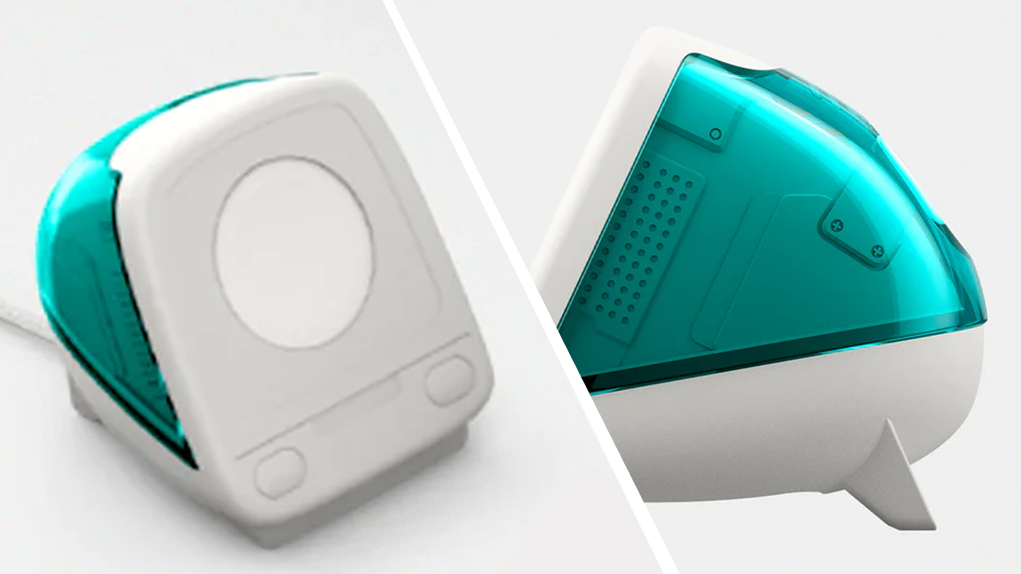 Two photos of the Spigen Apple Watch Classic C1 Charger Stand on a grey background