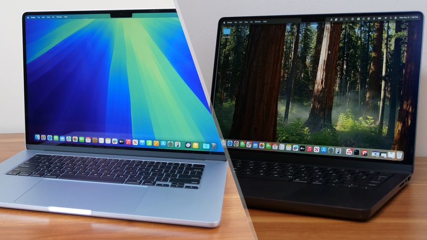 MacBook Air 15-inch M4 angled on a wooden table with the display on viewed in a split screen with a MacBook Pro 14-inch M3 angled on a wooden table with its display on.