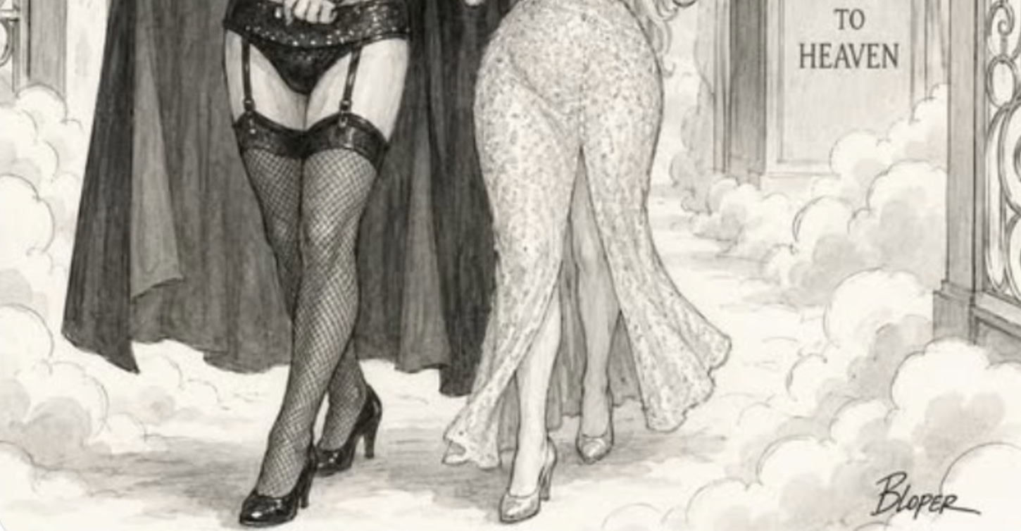 A close-up of the AI-generated Dolly Parton and Tim Curry cartoon, showing their legs and costumes among heavenly clouds, with Brendan Loper&rsquo;s &ldquo;BLOPER&rdquo; signature reproduced in the bottom right corner.