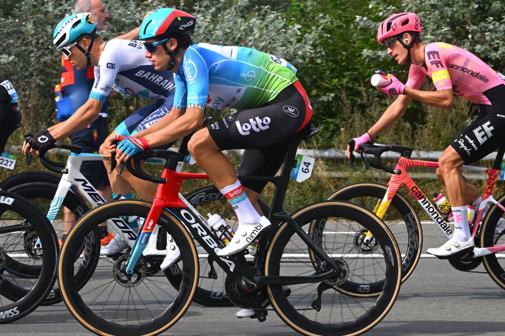 ARDOOIE BELGIUM AUGUST 30 Alec Segaert of Belgium and Team Lotto Dstny Blue Leader Jersey competes during the 20th Renewi Tour 2024 Stage 3 a 1855km stage from Blankenberge to Ardooie UCIWT on August 30 2024 in Ardooie Belgium Photo by Luc ClaessenGetty Images