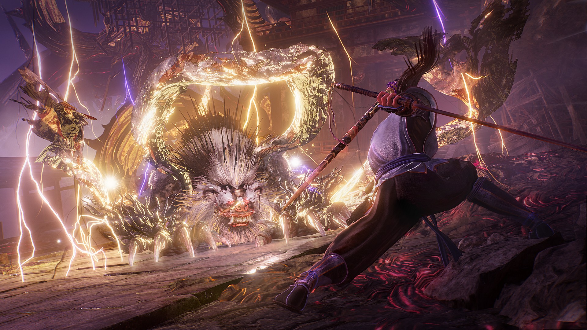 Crackling with lighting energy, the bestial Raiju prepares to pounce at the player in Nioh 3
