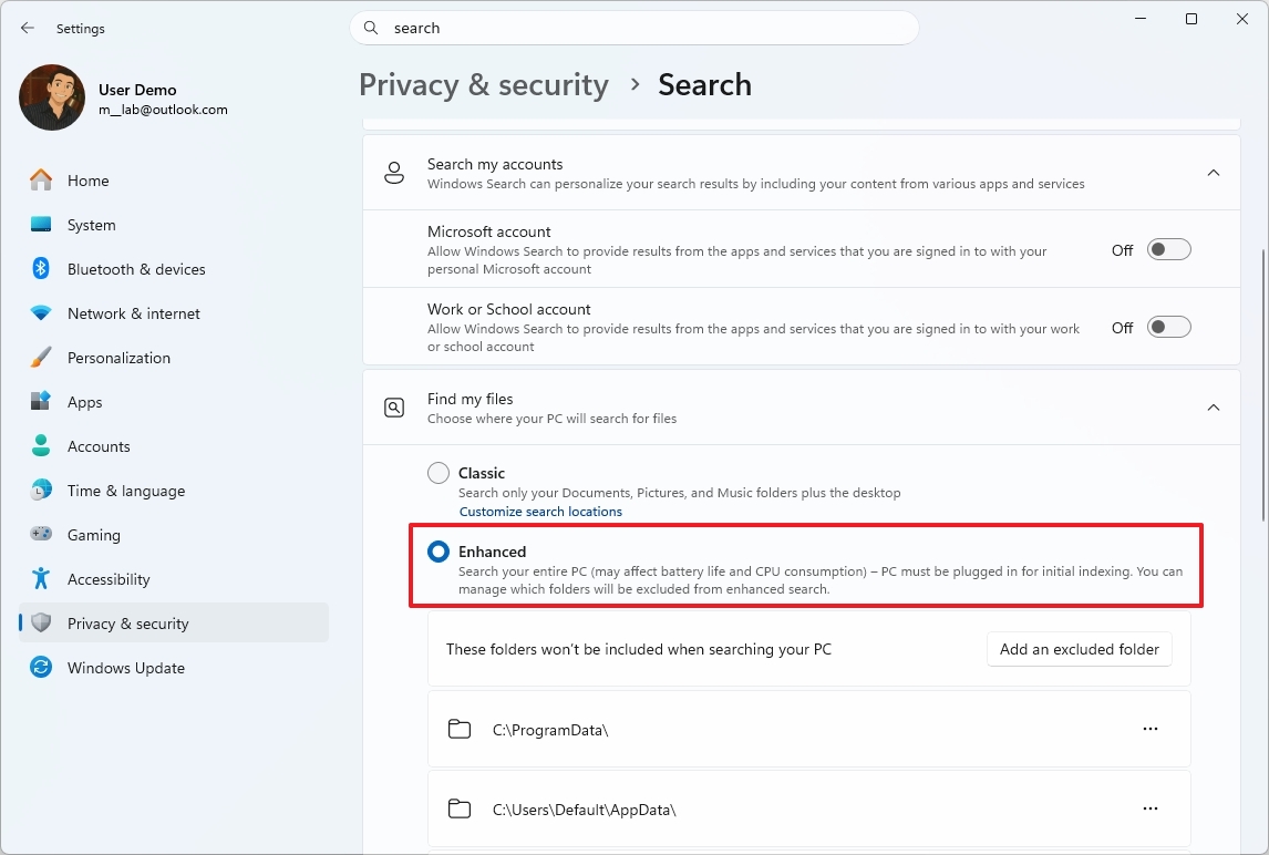Windows Search Enhanced option