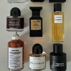 Photo of six fragrances on a surface 