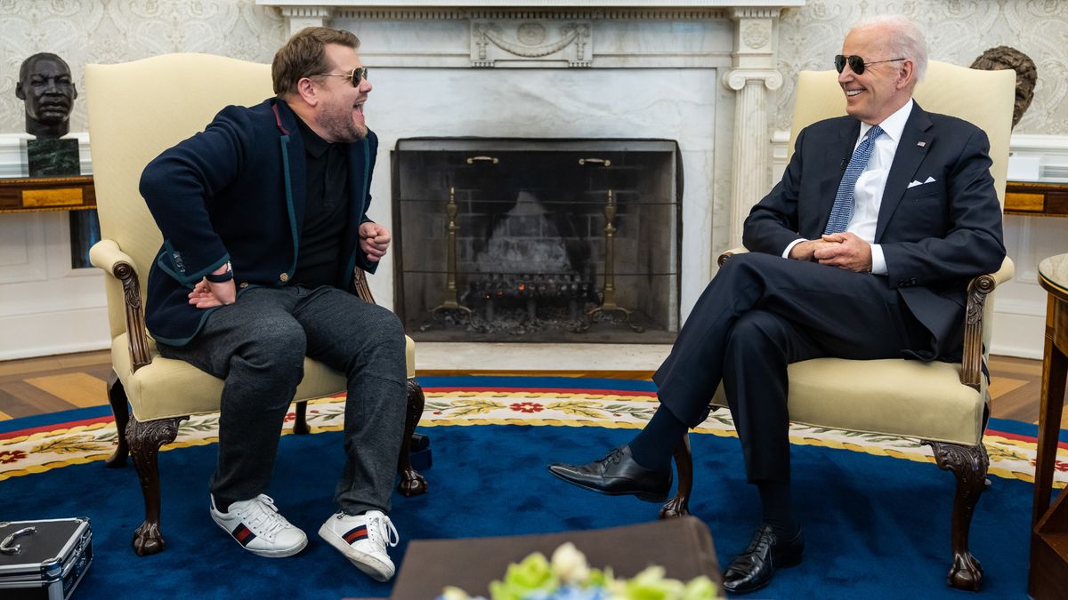 The Late Late Show host James Corden sits opposite President Joe Biden