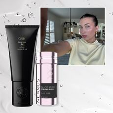 girl in a slicked back bun, glowing skin, in a yellow top, framed out on a gel textured background next to three hair gel products from brands Crown affair, oribe, and nexxus