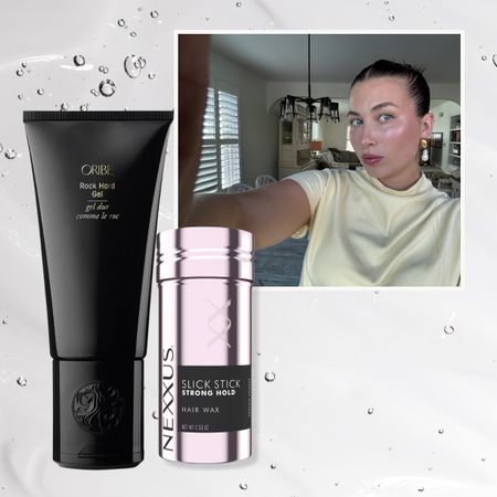 girl in a slicked back bun, glowing skin, in a yellow top, framed out on a gel textured background next to three hair gel products from brands Crown affair, oribe, and nexxus