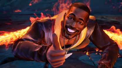 Zaza gives a cheery thumbs up in Stupid Never Dies, despite being against a Hellish background
