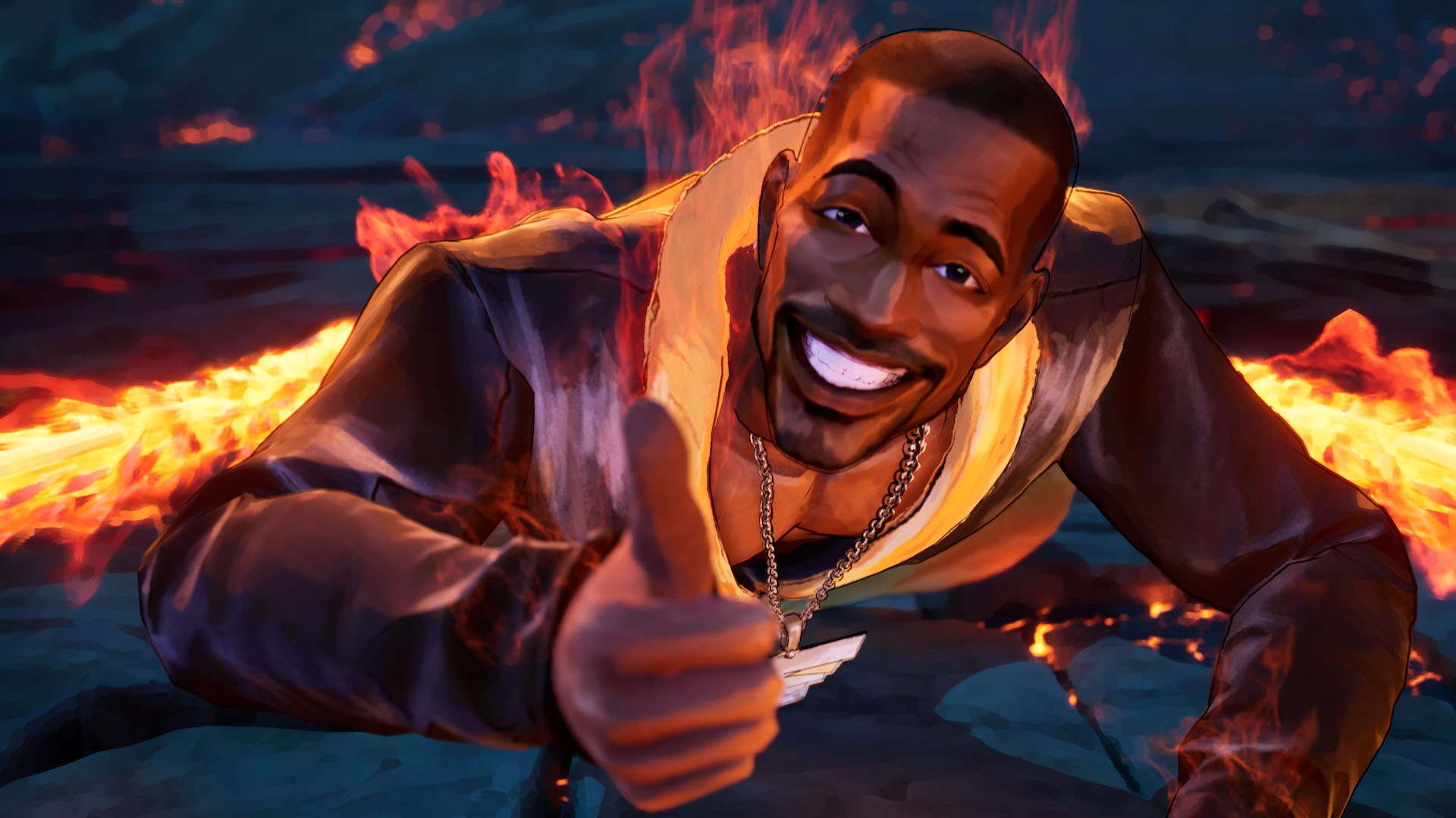 Zaza gives a cheery thumbs up in Stupid Never Dies, despite being against a Hellish background