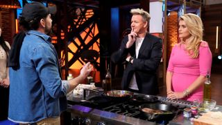Contestant with host/judge Gordon Ramsay and special guest Daphne Oz in the “Regional Auditions - The Northeast” season premiere episode of MasterChef