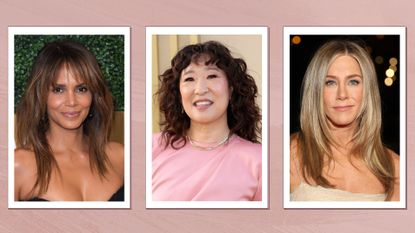 A collage featuring Halle Berry, who has layered hair and a fringe, Sandra Oh - who is pictured with curly hair and fringe and finally, Jennifer Aniston, with a layered hairstyle/ in a pink 2-picture template