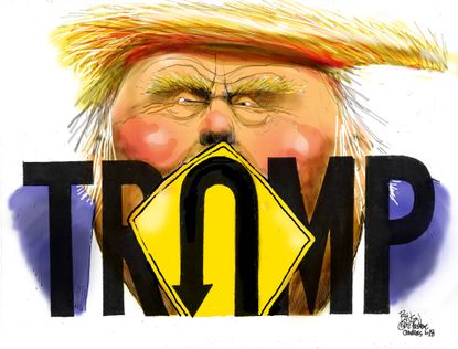 Political cartoon U.S. Trump U-turn executive order immigration family separation