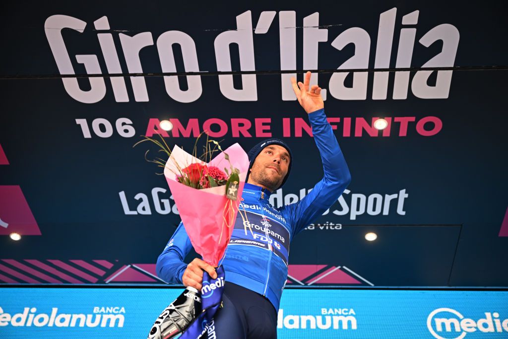 CRANSMONTANA SWITZERLAND MAY 19 Thibaut Pinot of France and Team Groupama FDJ celebrates at podium as Blue Mountain Jersey winner during the 106th Giro dItalia 2023 Stage 13 a 75km stage from Le Chable to CransMontana Valais 1456m Stage shortened due to the adverse weather conditions UCIWT on May 19 2023 in CransMontana Switzerland Photo by Stuart FranklinGetty Images