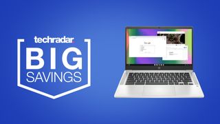 HP Chromebook 14 on a blue background next to techradar deals big savings badge