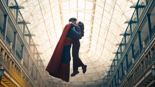 Superman and Lois Lane kissing in the air in Superman 2025 movie