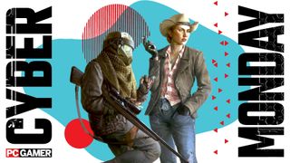 An image showing a modified piece of Fallout Deimos Art, showing two characters standing next to each other. The background is colorful, and Cyber Monday is written on the sides, with a PC Gamer logo in the corner.