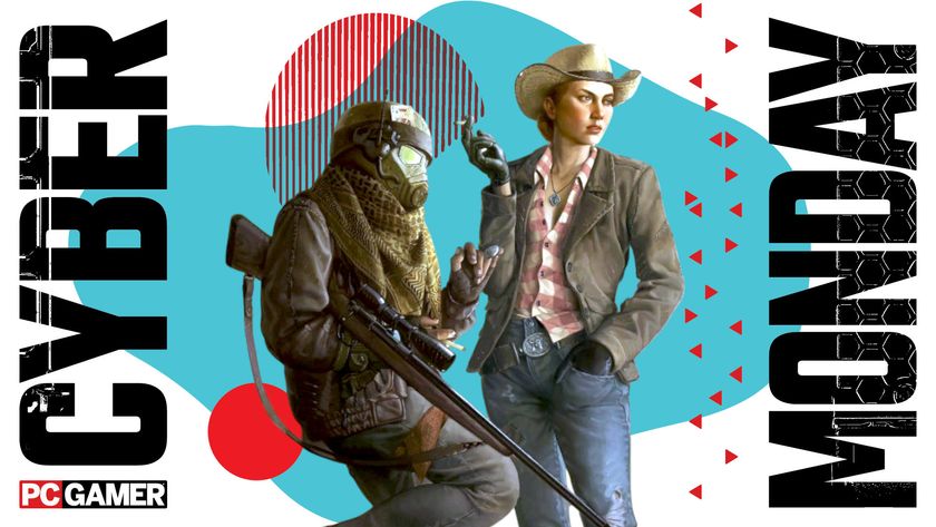 An image showing a modified piece of Fallout Deimos Art, showing two characters standing next to each other. The background is colorful, and Cyber Monday is written on the sides, with a PC Gamer logo in the corner.