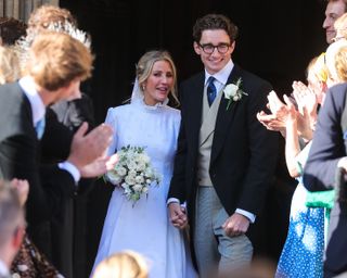 Ellie Goulding and Jasper Jopling seen leaving York Minster Cathedral after their wedding ceremony on August 31, 2019 in York, England.