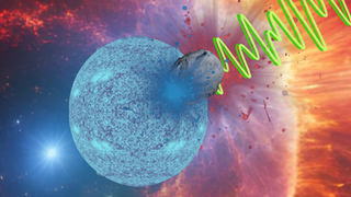 An illustration shows an asteriod slamming into a neutron star releasing a Fast Radio Burst