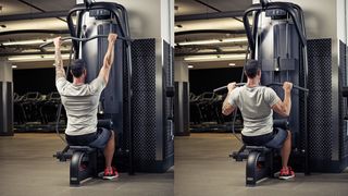 Man demonstrates two positions of the lat pull-down