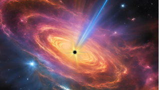 A small black circle with colorful swirls around it and a blue jet protruding toward the top right.