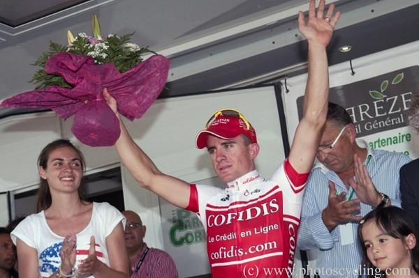 Stage 1 winner Samuel Dumoulin (Cofidis) on the podium.
