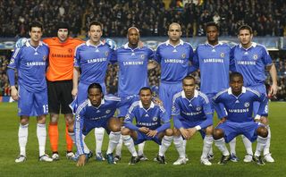 LONDON, ENGLAND - February 25: Chelsea Team Group (br) Michael Ballack, Petr Cech, John Terry, Nicolas Anelka, Alex, John Obi Mikel, Frank Lampard, (fr) Didier Drogba, Ashley Cole, Jose Bosingwa, Salomon Kalou before the UEFA Champions League Round Of 16 match between Chelsea and Juventus at Stamford Bridge on February 25, 2009 in London, England. (Photo by Richard Sellers/Sportsphoto/Allstar via Getty Images)
