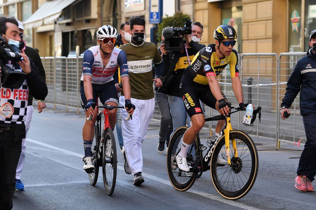 SANREMO ITALY MARCH 20 Arrival Jasper Stuyven of Belgium and Team Trek Segafredo Celebration Wout Van Aert of Belgium and Team Jumbo Visma during the 112th MilanoSanremo 2021 a 299km race from Milano to Sanremo MilanoSanremo La Classicissima UCIWT on March 20 2021 in Sanremo Italy Photo by Tim de WaeleGetty Images