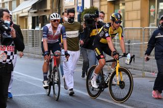 SANREMO ITALY MARCH 20 Arrival Jasper Stuyven of Belgium and Team Trek Segafredo Celebration Wout Van Aert of Belgium and Team Jumbo Visma during the 112th MilanoSanremo 2021 a 299km race from Milano to Sanremo MilanoSanremo La Classicissima UCIWT on March 20 2021 in Sanremo Italy Photo by Tim de WaeleGetty Images