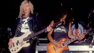 Duff McKagan and Slash of Guns N' Roses at the Poplar Creek Music Theater in Hoffman Estates, Illinois, July 19, 1988
