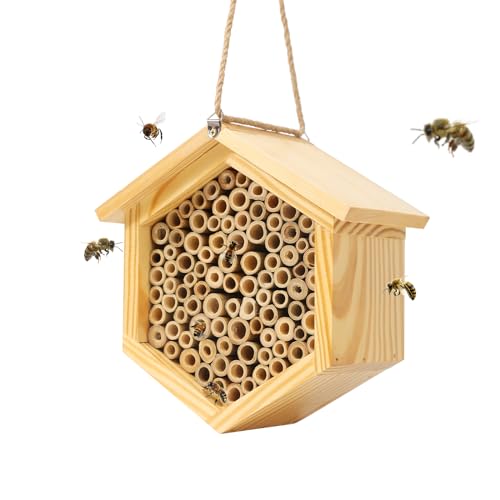 Mason Bee House Native Bee Hive Hexagon Bee House Natural Handmade Wooden Mason Bee Box Habitat Home Hotel With Bamboo Tubes -Attracts Peaceful Bee Pollinators to Enhance Your Garden&#039;s Productivity
