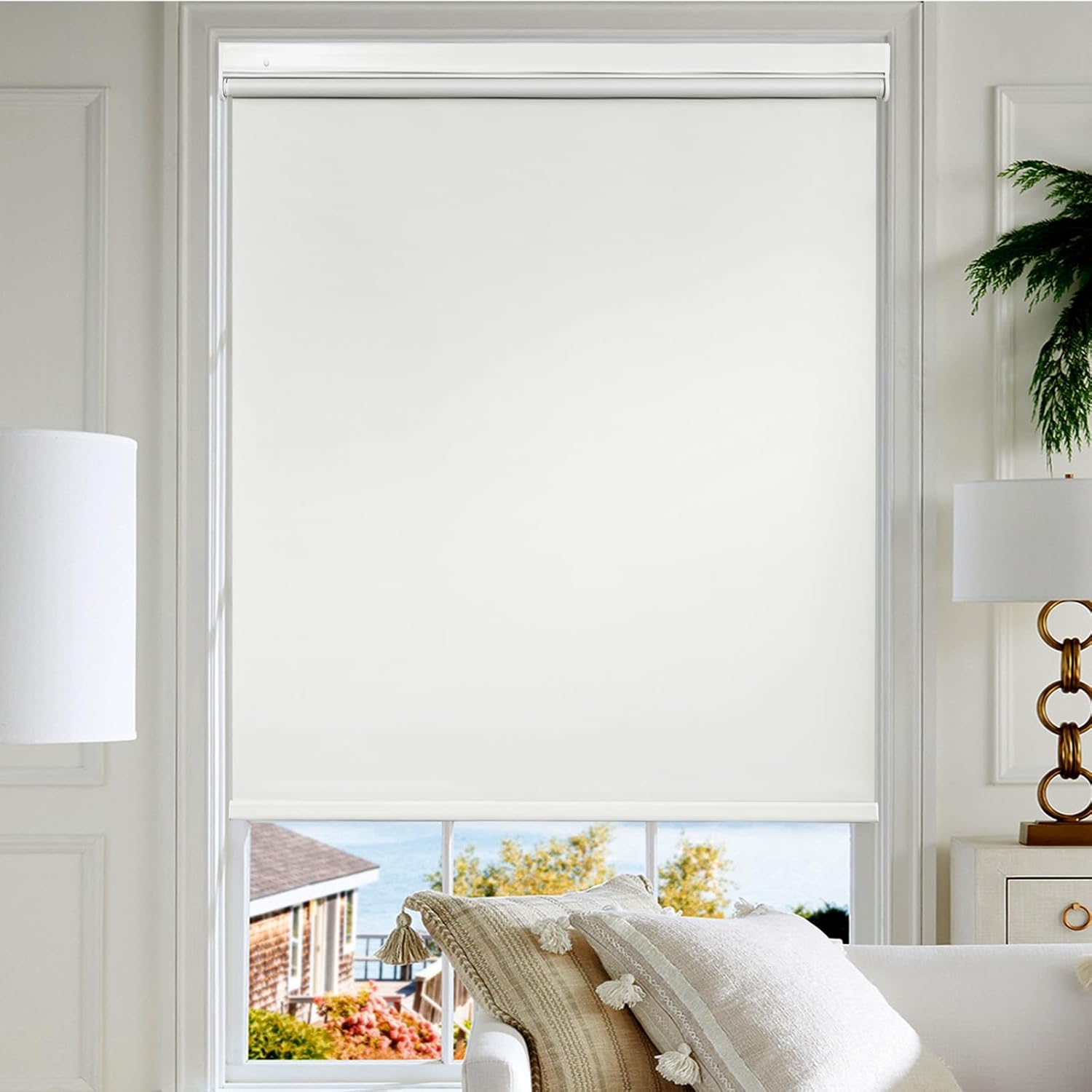 white roller blind at living room window