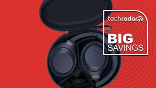 Sony WH-1000XM4 on red background, with TR's 'big savings' badge