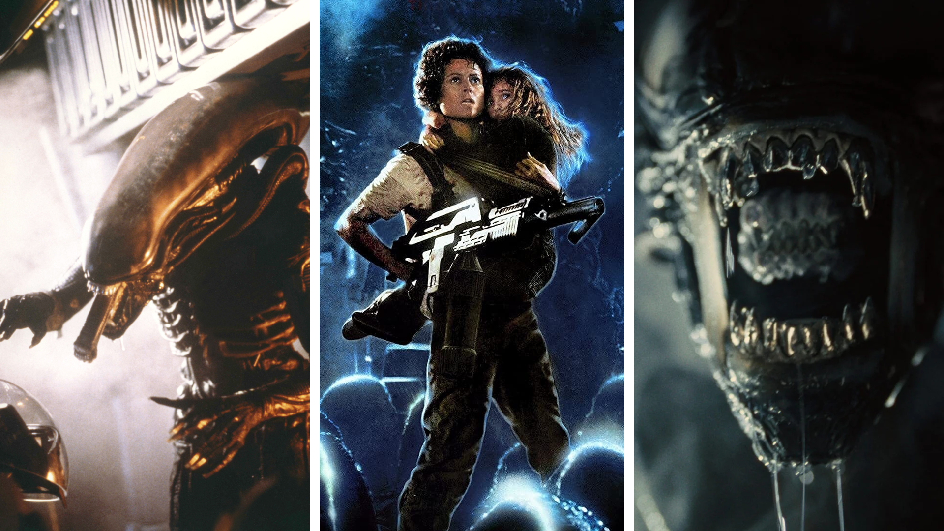Split image showing screenshots from Alien (1979), Aliens (1986), and Alien: Romulus (2024).