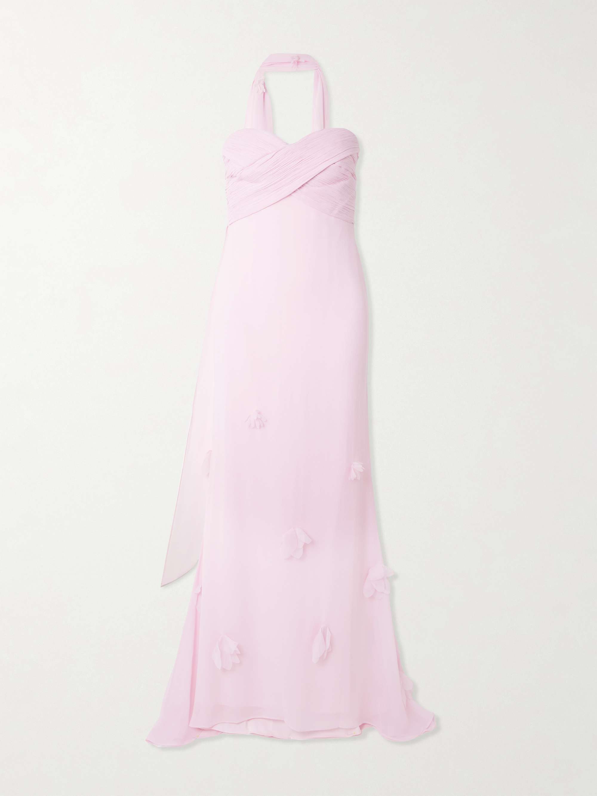 Scarf-Detailed Strapless Appliqu&amp;eacute;d Georgette Gown