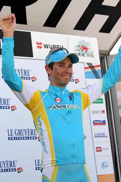 Stage 7 winner Fredrik Kessiakoff (Astana) on the podium