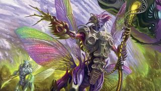 An insectoid alien holds out its hand against a planet backdrop in MTG Edge of Eternities