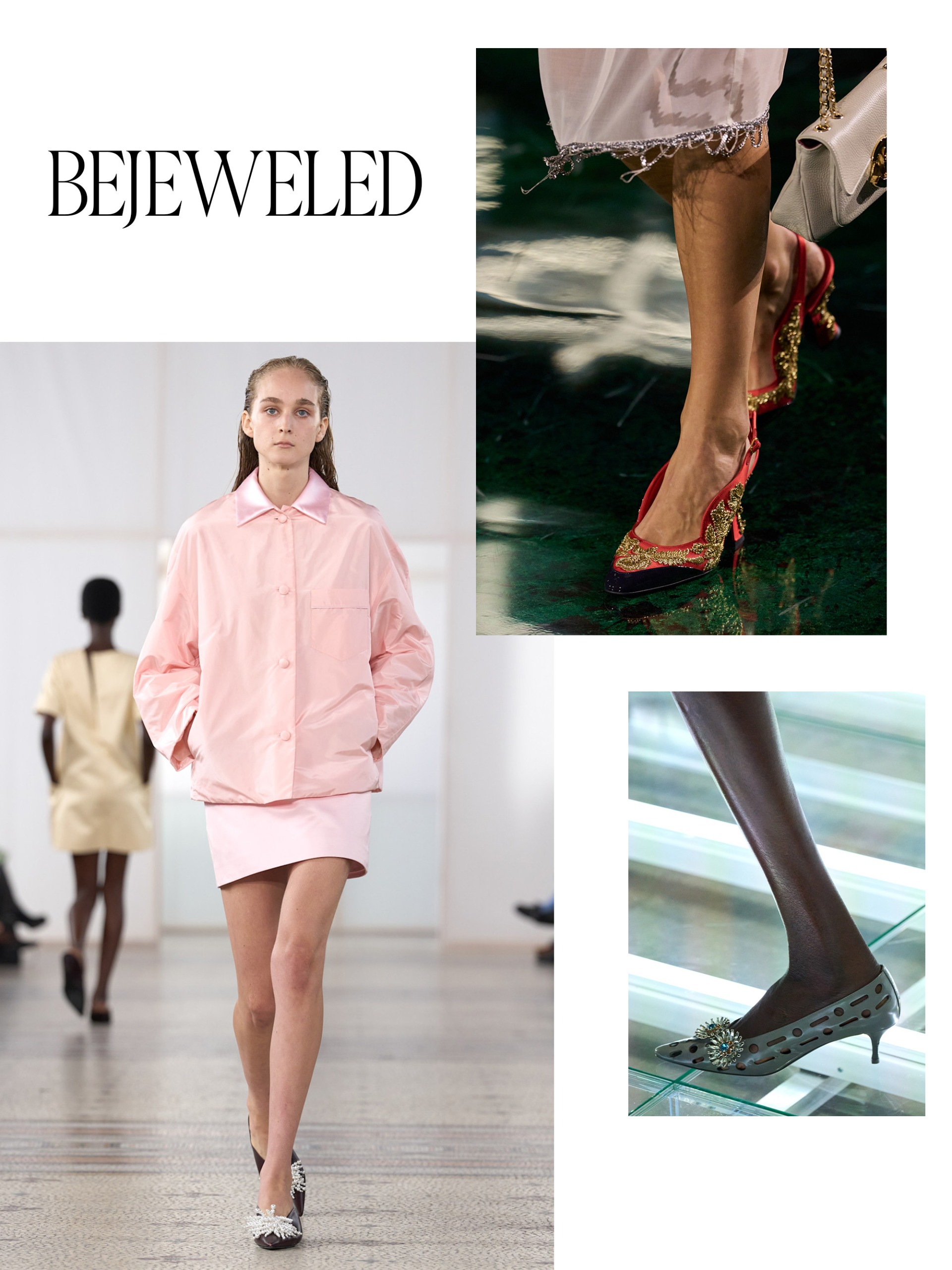 a collage of detail and full look runway images from the spring/summer 2027 collections featuring the major shoe trends