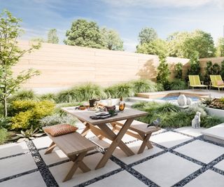 Small backyard with eating, planting and pool zones